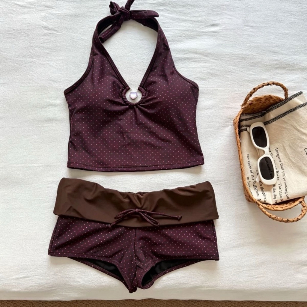 𝑀𝐸𝐼𝑄𝑈𝐼𝑌𝐼 🥝Bộ Bikini qc đi biển cổ V chấm bi kín đáo cho mùa hè
