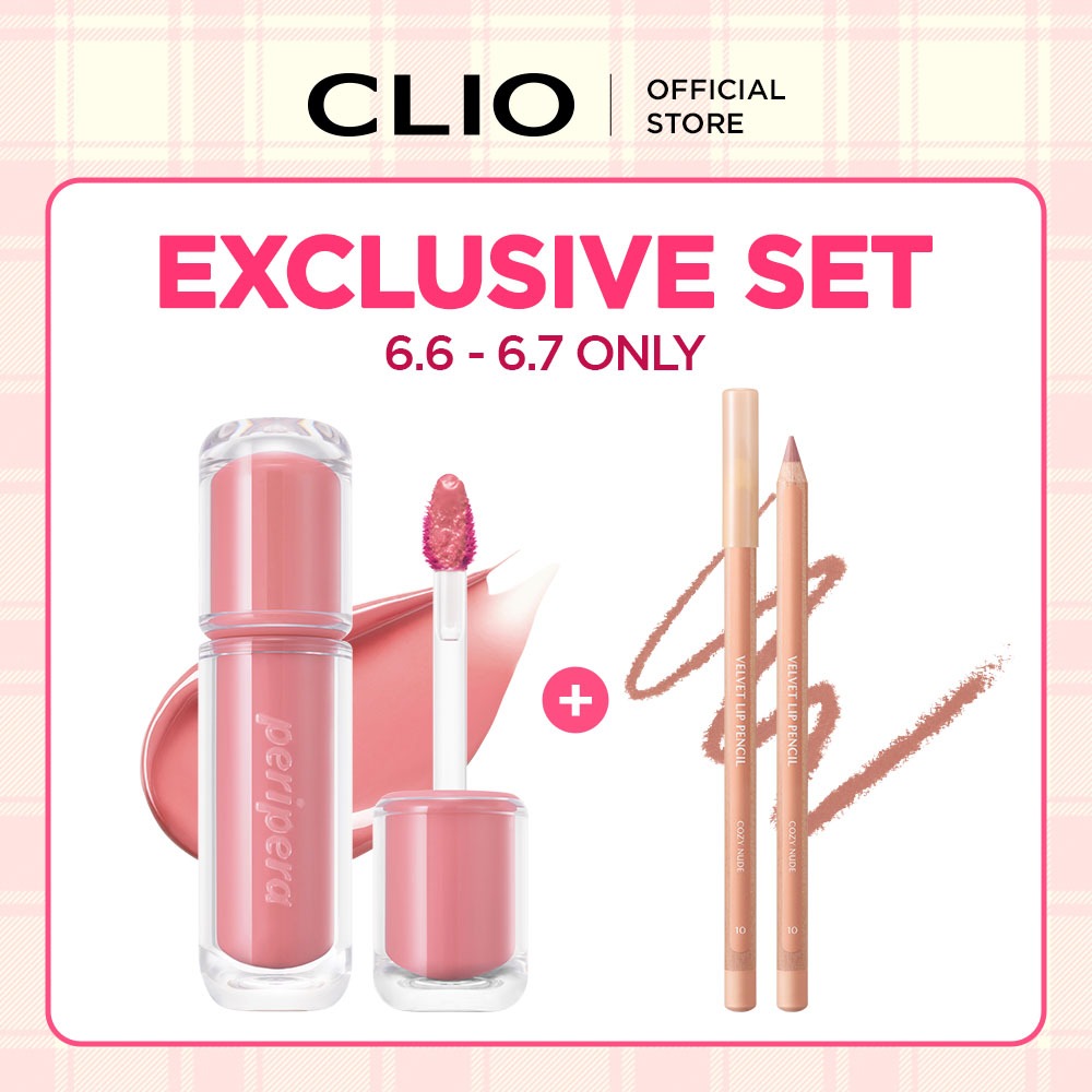 [6.6 ƯU ĐÃI] Combo_Son tint Peripera Mood Glowy Tint + Chì kẻ môi Clio Lip Velvet Pencil