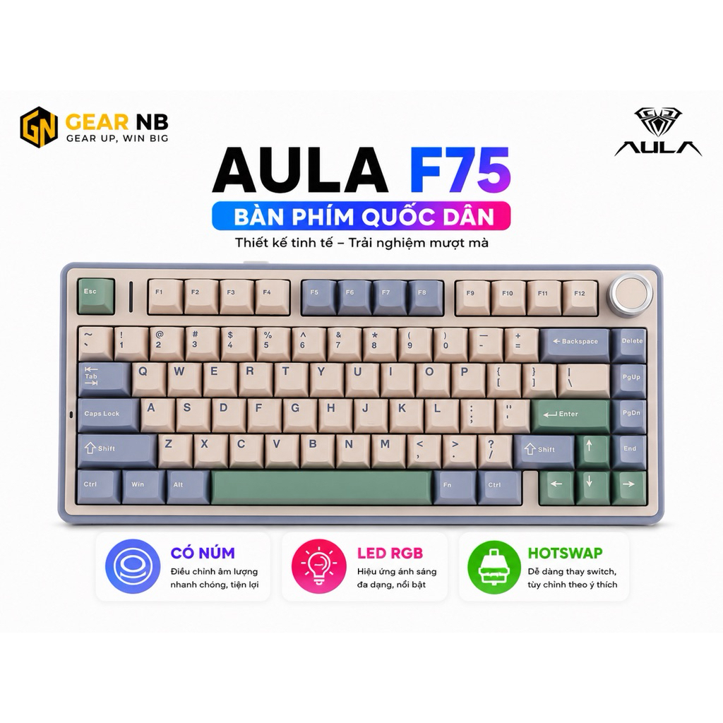 [Hoả tốc] Bàn phím cơ Aula F75 full phím mạch xuôi LED RGB 3 mode kết nối hotswap 5 pin bàn phím Aula F75 | BigBuy360 - bigbuy360.vn