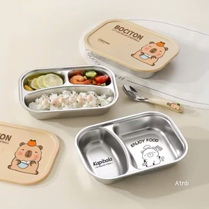 khay cơm inox capybara 2 ngăn 3 ngăn kèm nắp – hộp cơm chia ngăn tiện lợi cho bé và dân văn phòng