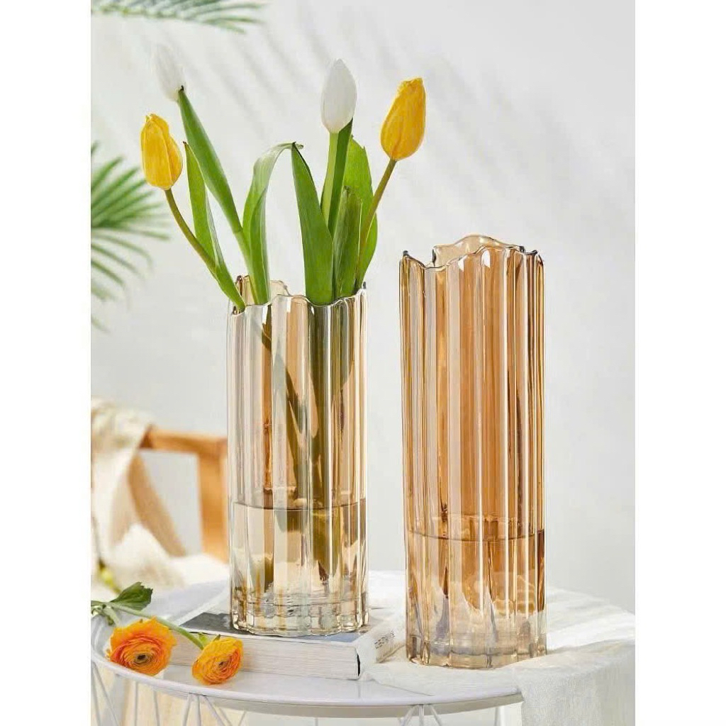 Bình Bông - Lọ Hoa Thủy Tinh Sọc Dọc Cao Cấp (30x12cm) – Kiểu Dáng Trụ Tròn Decor Phòng Khách, Bàn Ăn Sang Trọng