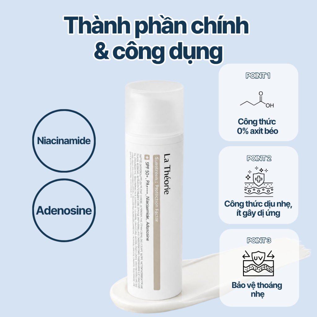Kem Chống Nắng La Théorie Sunscreen 50ml | SPF50+/PA+++ | Cho Da Mụn & Da Nhạy Cảm | Không chứa axit béo