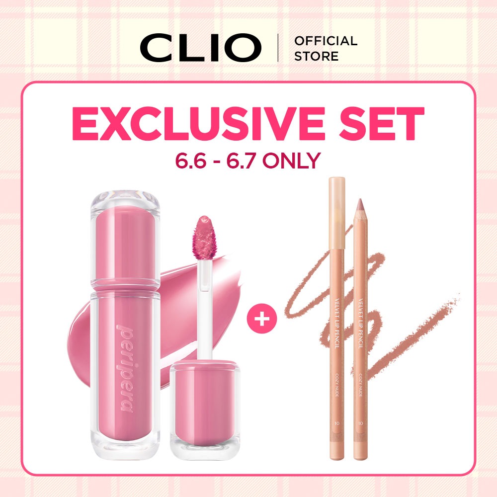 [6.6 ƯU ĐÃI] Combo_Son tint Peripera Mood Glowy Tint + Chì kẻ môi Clio Lip Velvet Pencil