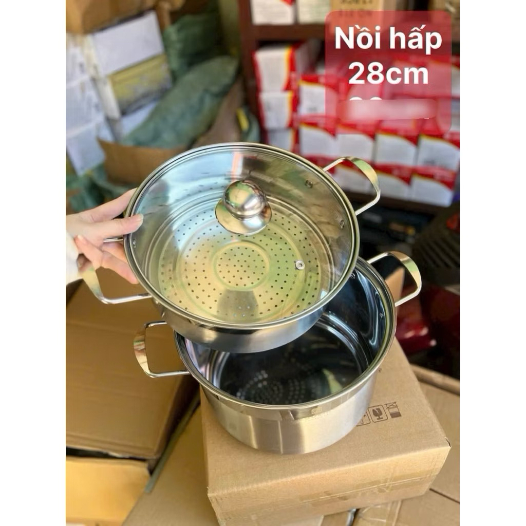 Nồi Hấp Inox 2 Tầng  28cm,nắp kính sang trọng  – Xửng Hấp Cách Thủy Cao Cấp Nắp Kính, Luộc Gà, Đồ Xôi, Làm Bánh Tiện Lợi