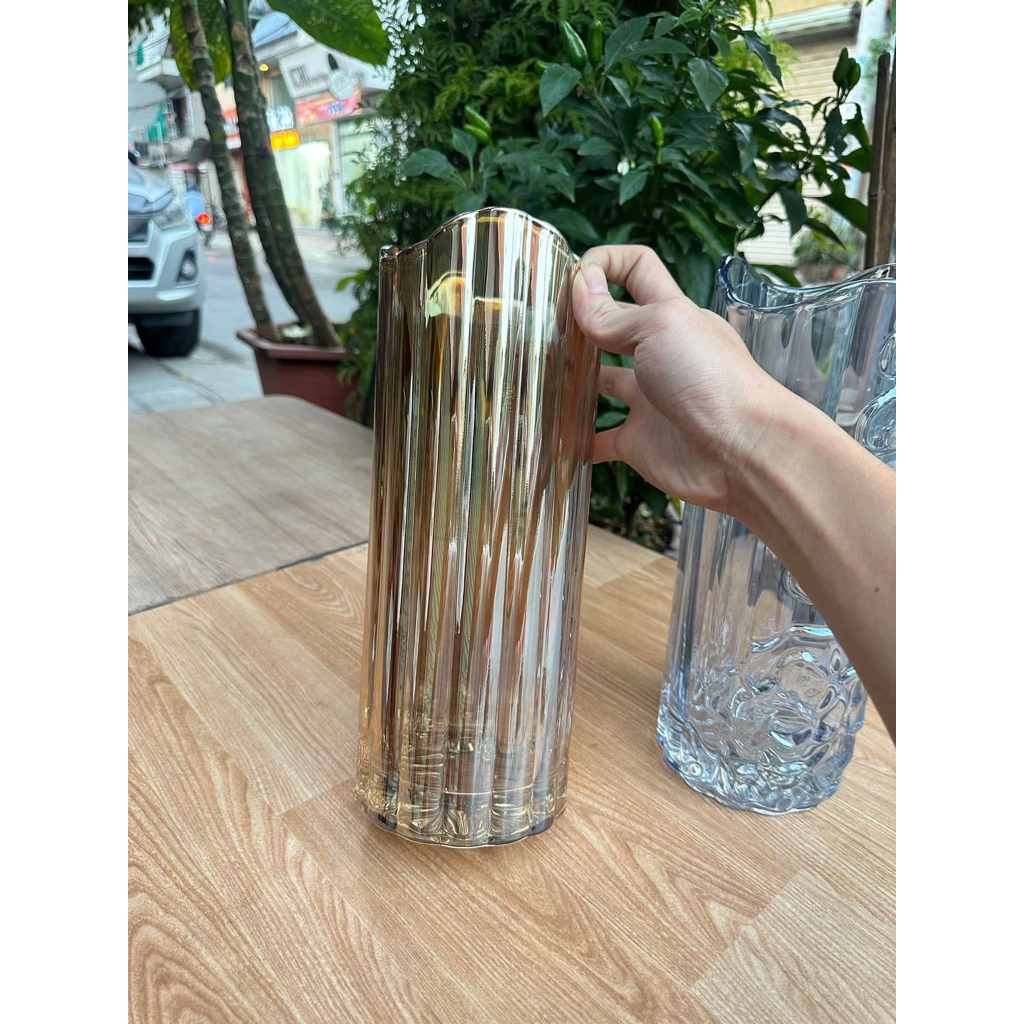 Bình Bông - Lọ Hoa Thủy Tinh Sọc Dọc Cao Cấp (30x12cm) – Kiểu Dáng Trụ Tròn Decor Phòng Khách, Bàn Ăn Sang Trọng
