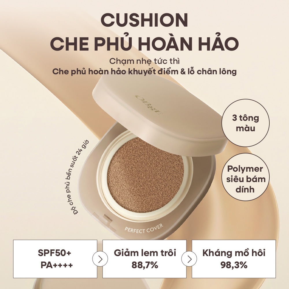 [OBgE Chíng hãng] OBgE Perfect Cover Cushion SPF50+ PA++++ 15g Phấn Nước Che Phủ Hoàn Hảo, Mỏng Nhẹ Tự Nhiên, Bền Màu Không Mốc Nền