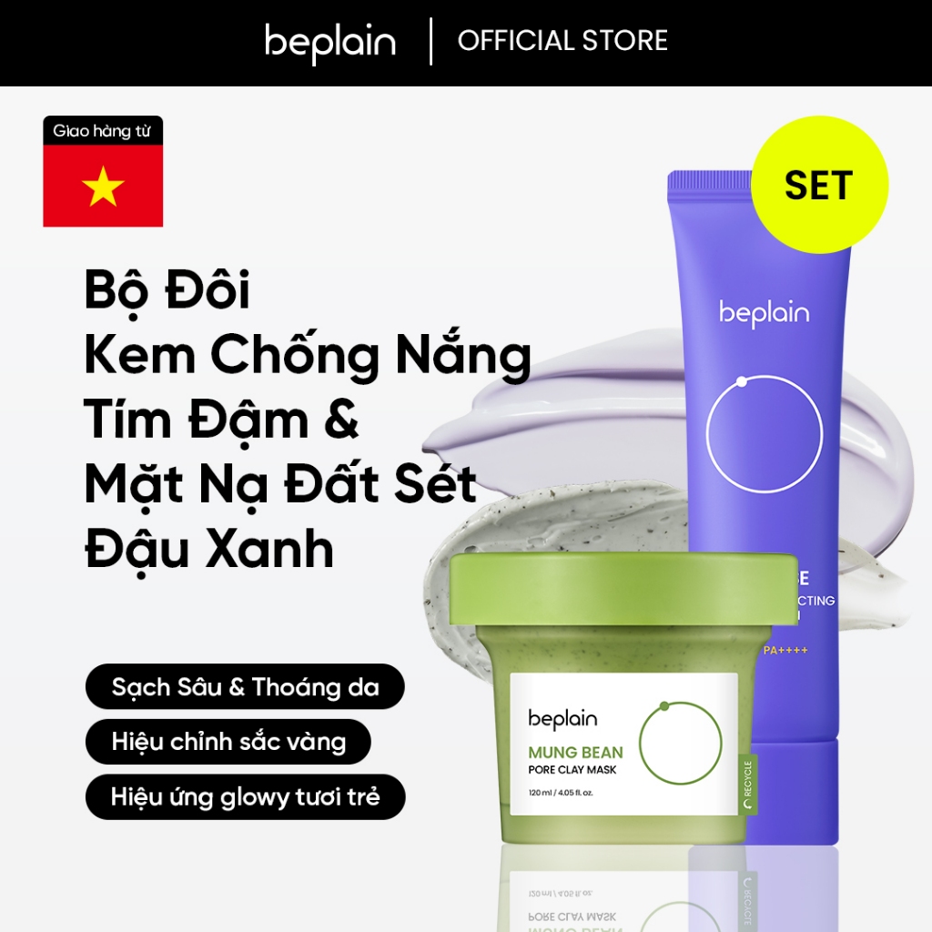 Set Mặt nạ đất sét đậu xanh BEPLAIN 120ml & kem chống nắng nâng tone 50ml