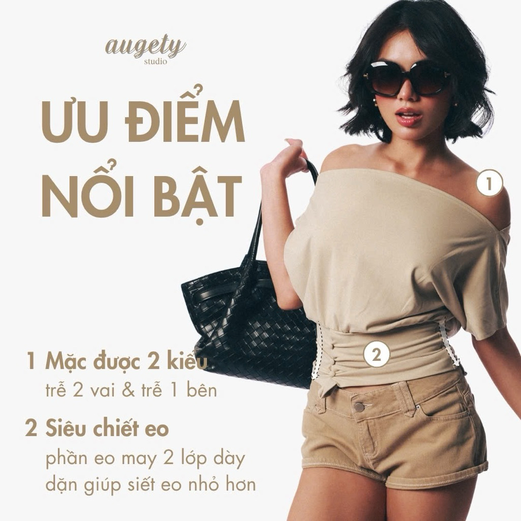 Áo Trễ Vai Tay Lửng Dáng Phồng Bo Eo Vải Thun Cao Cấp Augety Studio, EMMA Top