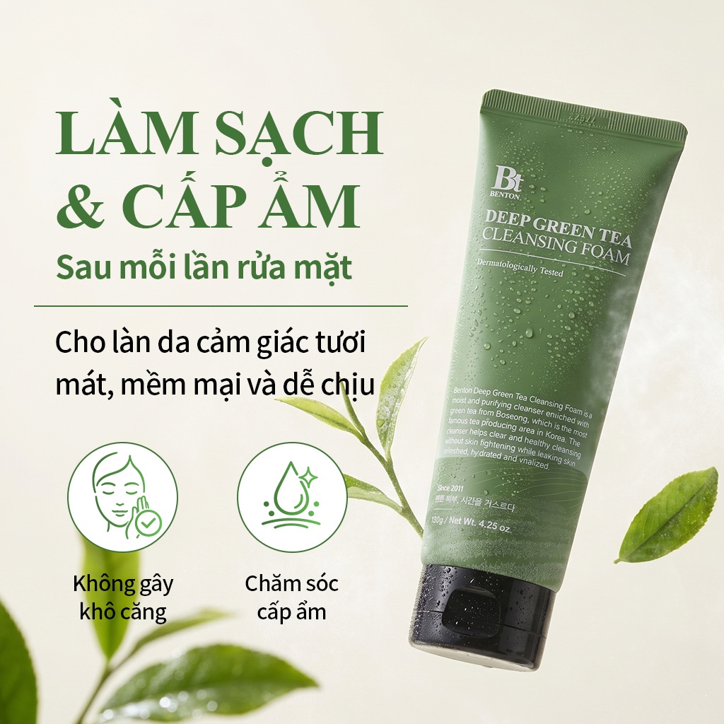 [Benton Official] Sữa Rửa Mặt Trà Xanh Deep Green Tea Cleansing Foam 120g – Làm sạch dịu nhẹ, hỗ trợ kiểm soát bã nhờn, chăm sóc da dầu