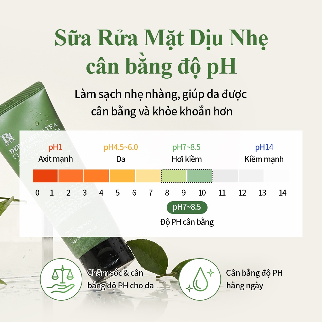 [Benton Official] Sữa Rửa Mặt Trà Xanh Deep Green Tea Cleansing Foam 120g – Làm sạch dịu nhẹ, hỗ trợ kiểm soát bã nhờn, chăm sóc da dầu
