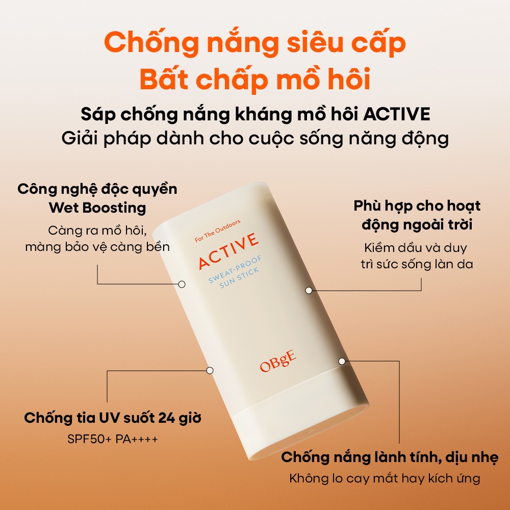 [OBgE Chính Hãng] Kem Chống Nắng Thỏi OBgE Active Sweat Proof Sun Stick 18g , Chống Mồ Hôi, Không Bết Dính, SPF50+ PA++++