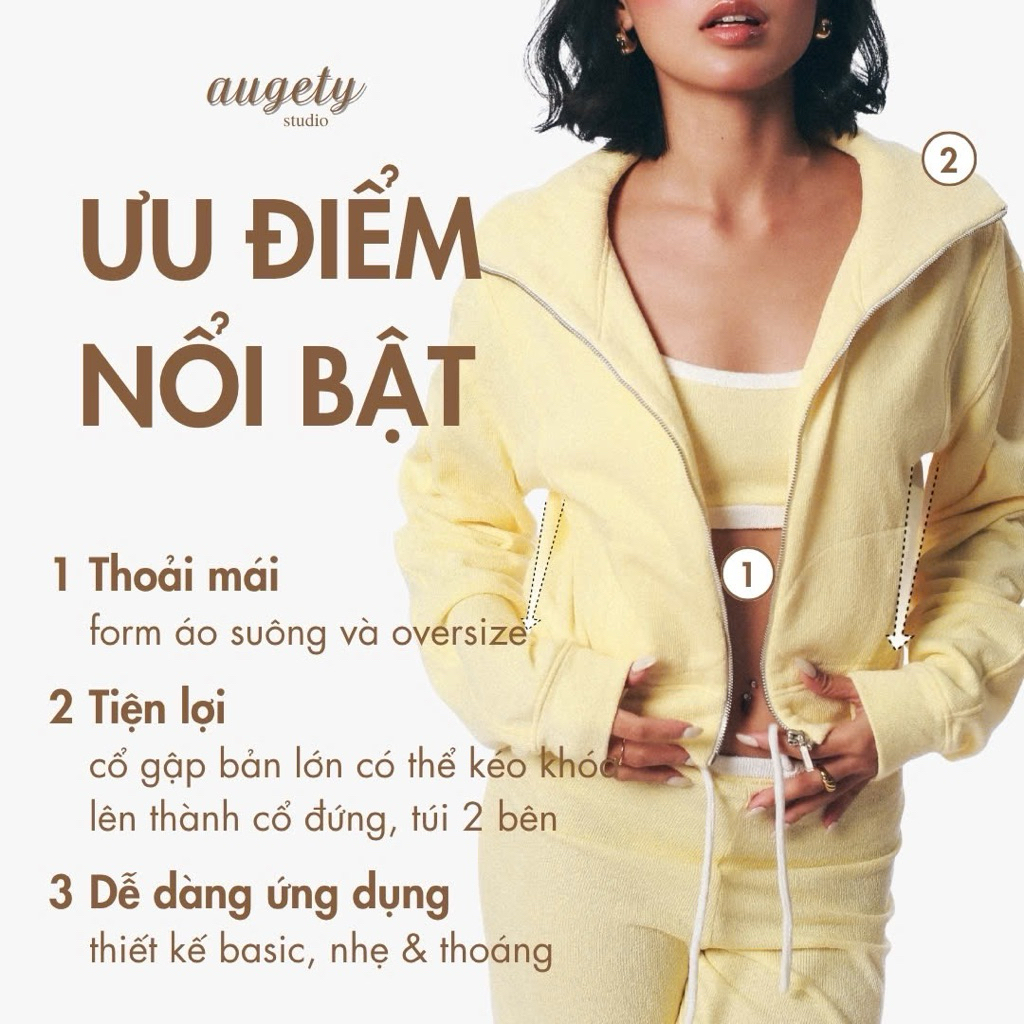 [MUA 3 MÓN GIẢM 40K] Áo Khoác Form Rộng Cổ Gập Bản Lớn Khóa Kéo Kim Loại Vải Lông Terry Pile Augety Studio, MIU JACKET