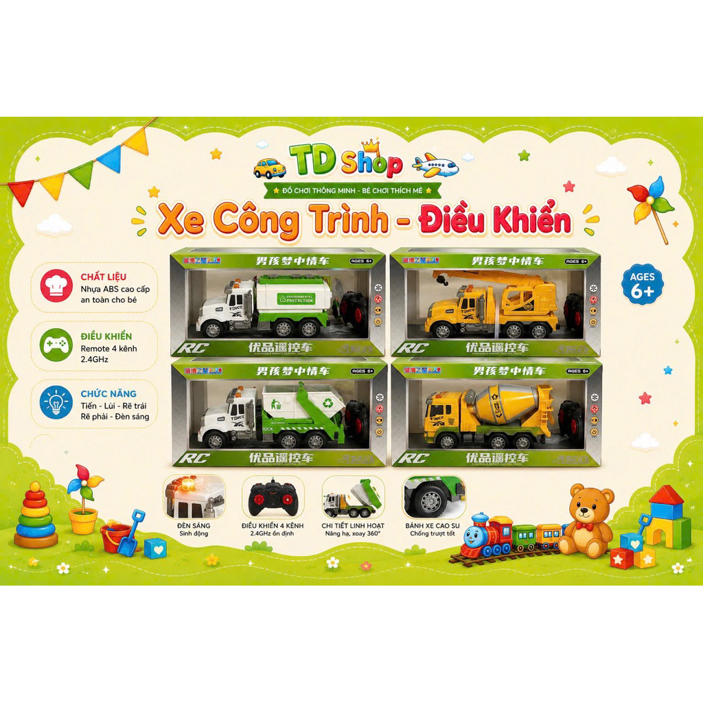 XE CÔNG TRÌNH ĐIỀU KHIỂN TỪ XA RC – CẦN CẨU & XE RÁC, XE BỒN SIÊU NGẦU CHO BÉ