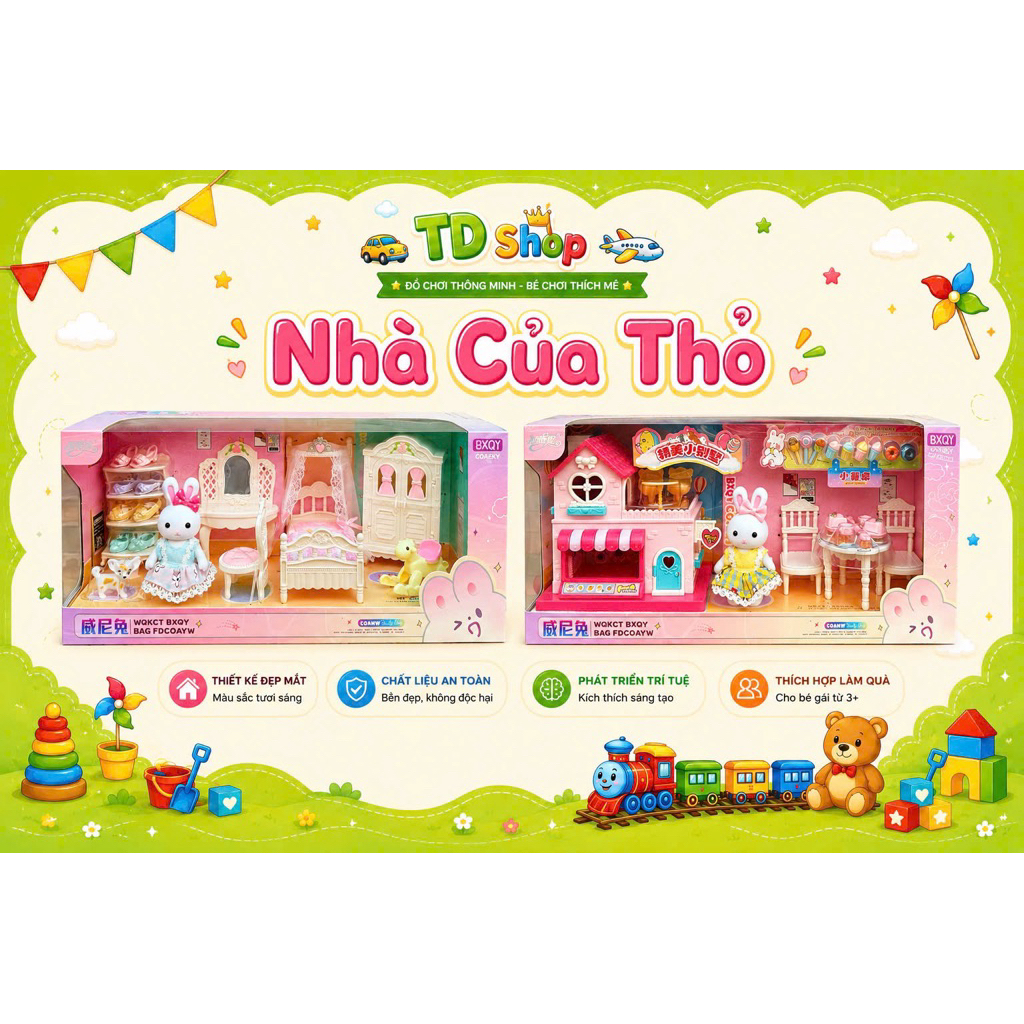 Bộ đồ chơi nhà búp bê thỏ mini cho bé gái, set phòng tắm & bếp đầy đủ phụ kiện, đồ chơi an toàn 3+