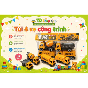 Set 4 Chiếc Xe Công Trình Đồ Chơi Cho Bé-Xe Xúc, Xe Ben, Xe Trộn Bê Tông, Xe Ủi Mini-Radom màu sắc