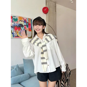 ASHA SHIRT | Áo Sơ Mi Nữ Form Rộng Kèm Khăn Choàng Sọc Hàn Quốc, Áo Sơ Mi Basic Tay Dài Freesize Thanh Lịch