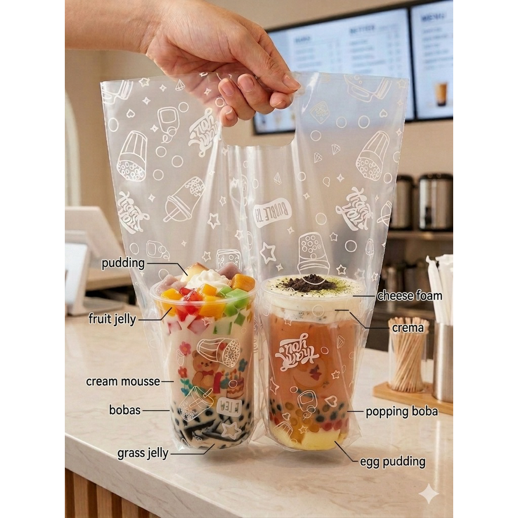 1 KG Túi Trà Sữa 2ly có in (75-80 túi/1kg)-đựng 2 cốc trà sữa-kích thước 32x32.Hàng nguyên sinh sáng bóng