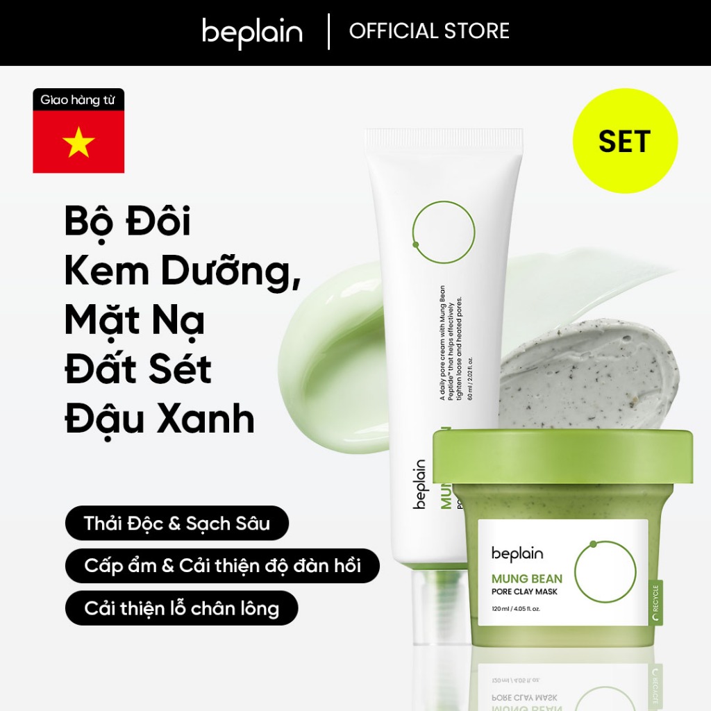 Mặt nạ đất sét BEPLAIN 120ml chiết suất đậu xanh & Kem dưỡng Peptide Đậu Xanh 60ml