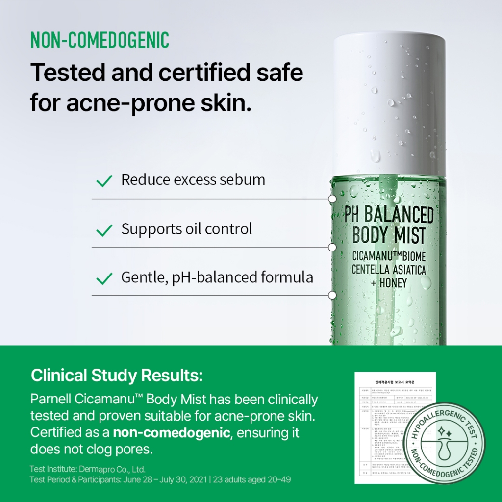 [Parnell Chính hãng] Xịt khoáng cơ thể chiết xuất rau má mật ong, Hyaluronic Acid, Ceramide, LHA, PHA hỗ trợ giảm mụn lưng, cân bằng độ pH trên da Parnell Cicamanu pH Balanced Body Mist 150ml