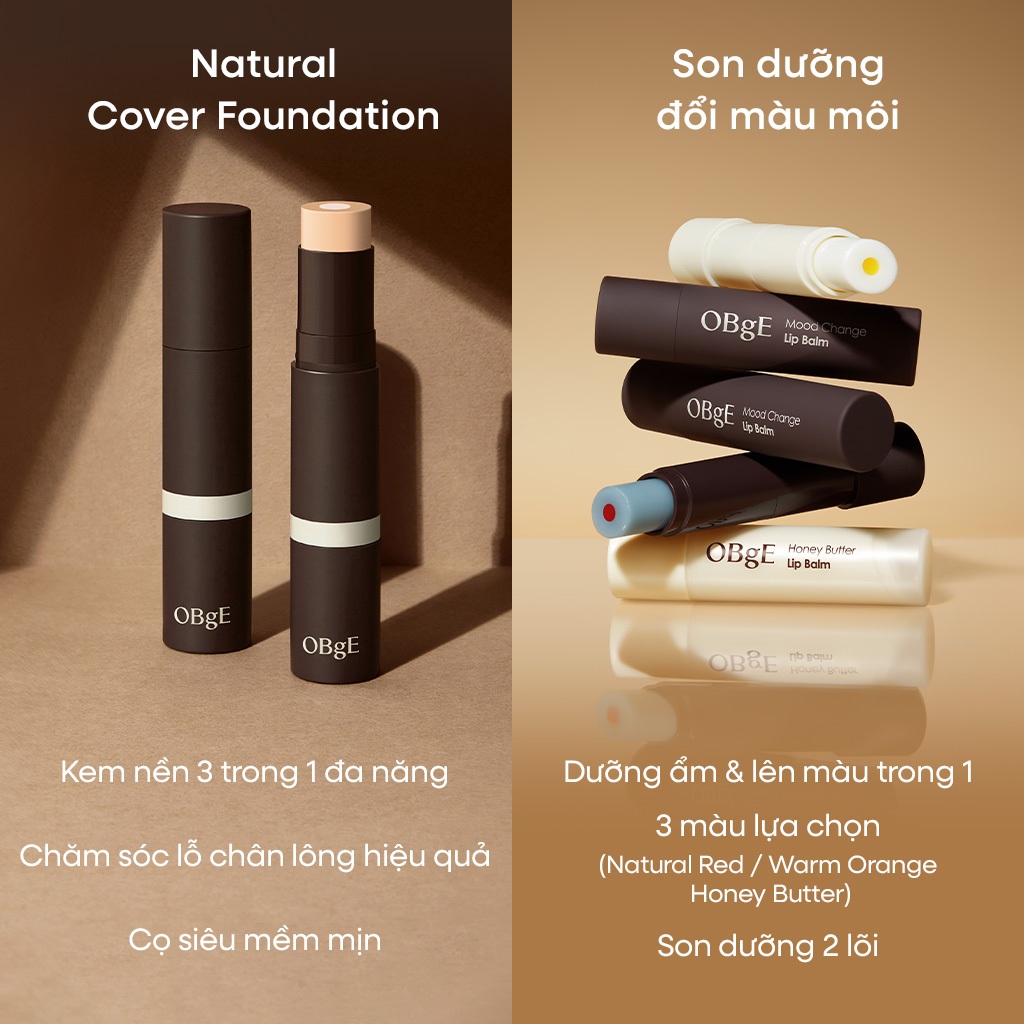 [OBgE Chính hãng] Bộ đôi kết hợp trang điểm hoàn hảo OBgE (Kem nền thỏi Natural Cover Foundation + Son dưỡng đổi màu môi)
