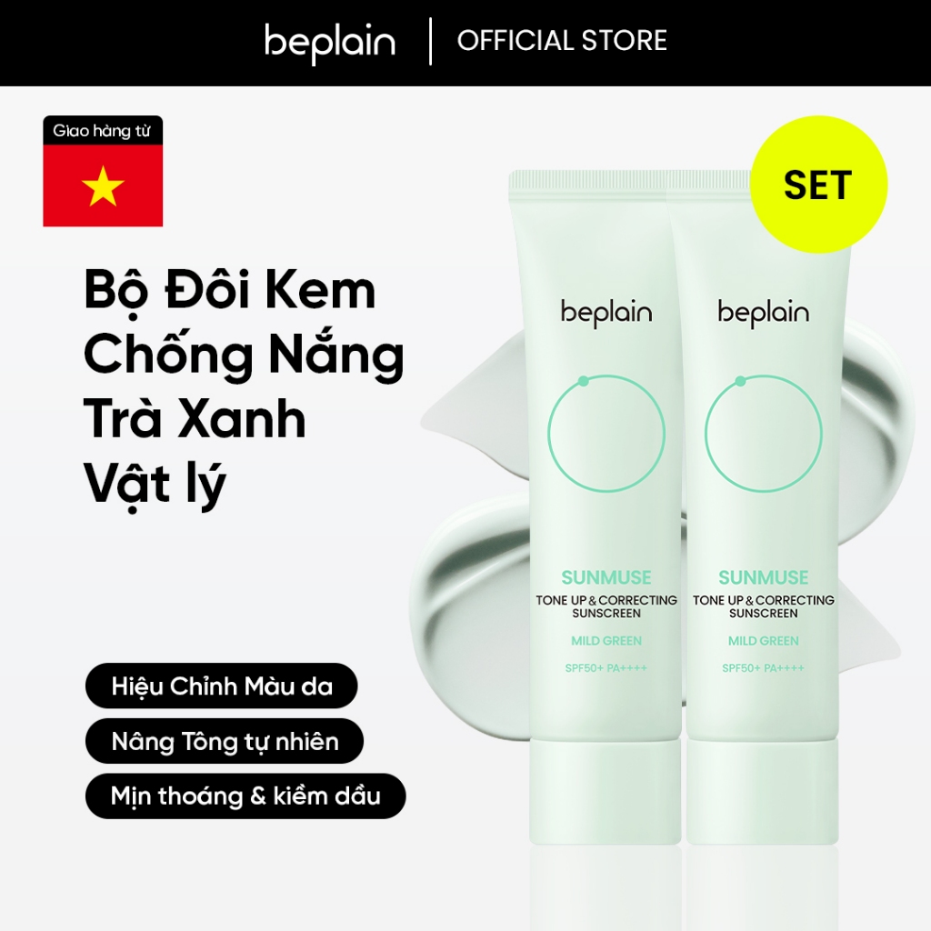 Kem chống nắng BEPLAIN Sunmuse thuần Vật Lý Trà Xanh, Nâng Tone & Che phủ vùng da đỏ SPF 50+ PA++++ 50ml +50ml Mild Green