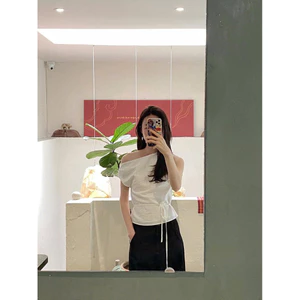 💖 Áo Lệch Vai Nữ LELI TOP Rút Eo Tôn Dáng Chất Xước Korea Cao Cấp Màu Trắng Hồng ✨