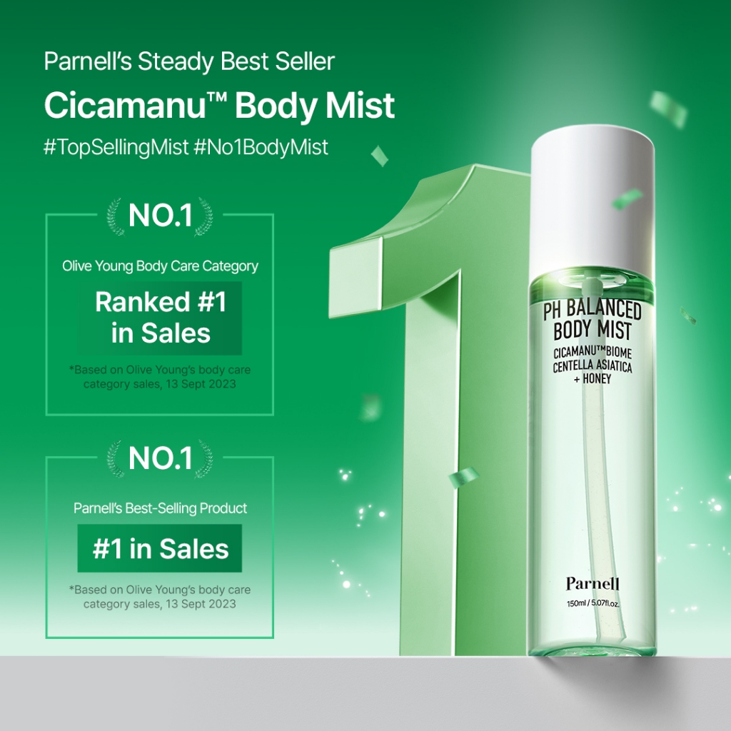 [Parnell Chính hãng] Xịt khoáng cơ thể chiết xuất rau má mật ong, Hyaluronic Acid, Ceramide, LHA, PHA hỗ trợ giảm mụn lưng, cân bằng độ pH trên da Parnell Cicamanu pH Balanced Body Mist 150ml