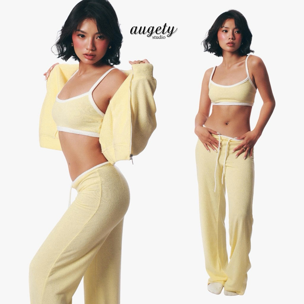 [MUA KÈM 3 MÓN GIẢM 40K] Áo Bra Croptop 2 Dây Bản To Gom Ngực Phối Màu Vải Lông Terry Pile Augety Studio, MIU BRA