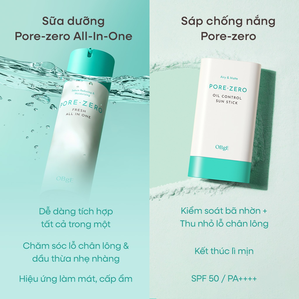 [OBgE Chính hãng] Set chăm sóc da 5 phút (Sữa dưỡng Pore-zero Fresh All-in-One + Sáp chống nắng Pore-zero Oil Control Sun Stick)