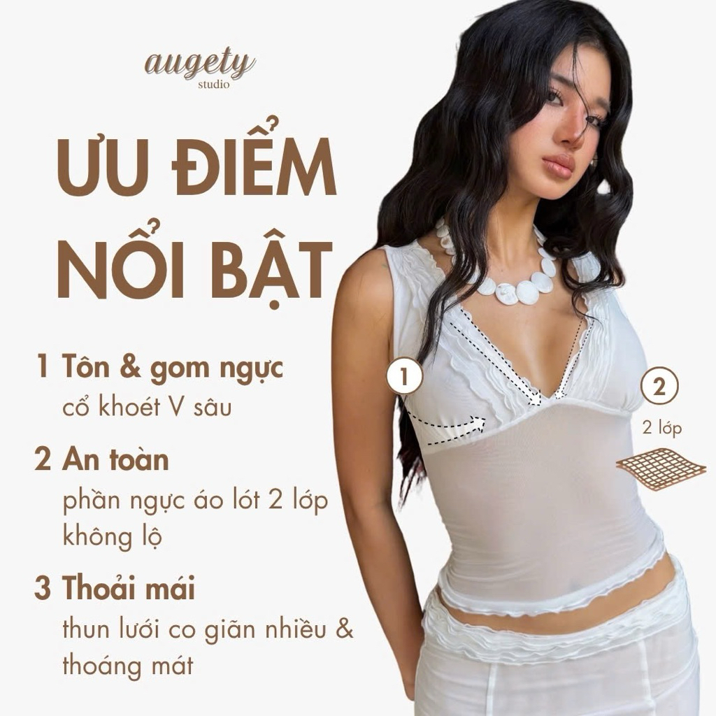 [MUA KÈM CHÂN VÁY GIẢM 30K] Áo Ba Lỗ Lưới Cổ V Nhún Bèo 2 Lớp Lót Ngực Augety Studio, NIKAI Mesh Top