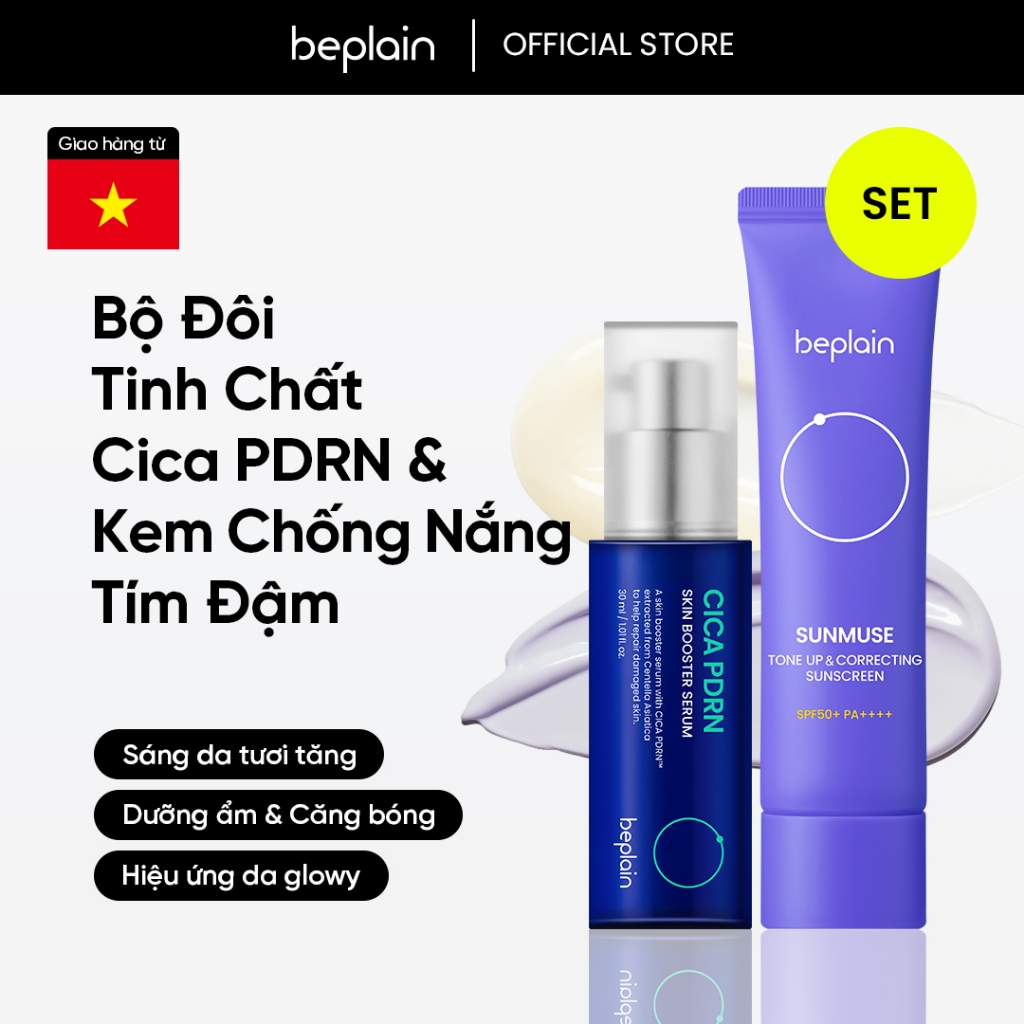 Tinh chất BEPLAIN PDRN Rau Má phục hồi tổn thương cho da, cấp ẩm & căng bóng Skin Booster Serum 30ml + Kem chống nắng Sunmuse lai Vật Lý & Hoá Học Nâng Tone & H