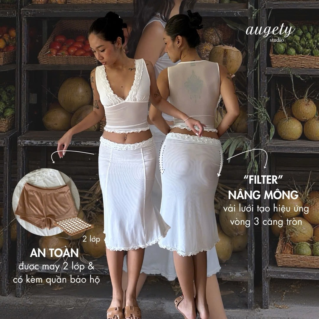 [MUA KÈM ÁO GIẢM 30K] Chân Váy midi Đuôi Cá Cạp Trễ Nhún Bèo 2 Lớp Tròn Hông Augety Studio, NIKAI Mesh Midi Skirt