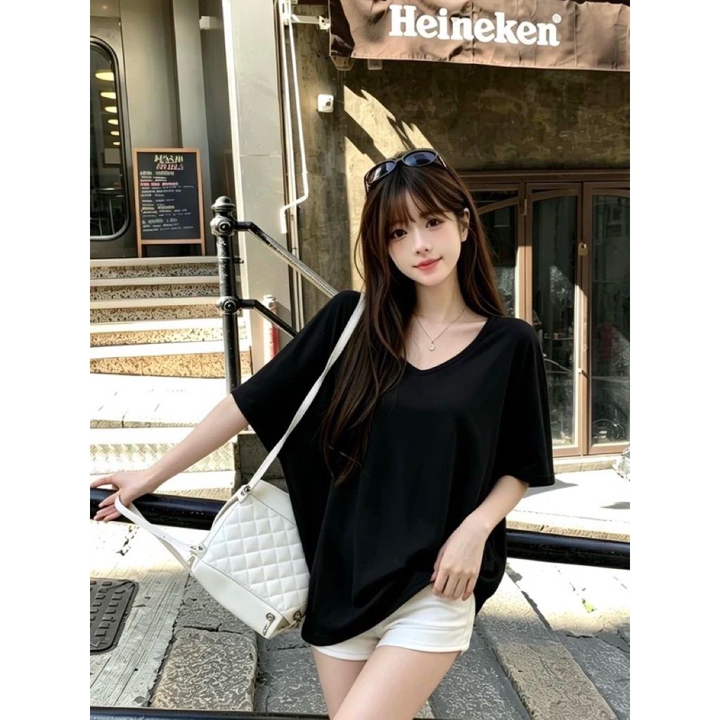 Áo Thun Nữ Dáng Rộng Cánh Dơi Cổ V Chất Liệu Mỏng Nhẹ Thời Trang Nữ Mùa Hè