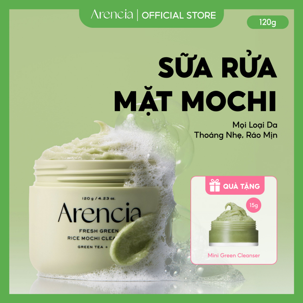 [Arencia] Sữa rửa mặt Mochi gạo xanh tươi 120g | Làm sạch, Cấp ẩm, loại bỏ mụn đầu đen