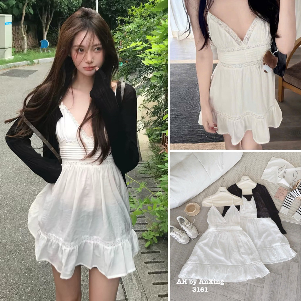 [HÀNG SẴN] Set váy hai dây đũi ren cổ V trắng 2 lớp kèm áo khoác cardigan mỏng đen “Emxinh” 3161 | BigBuy360 - bigbuy360.vn