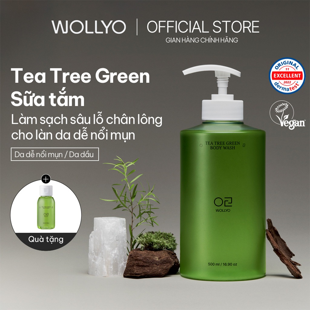 WOLLYO Tea Tree Green Body Wash 500ml | Sữa Tắm Tràm Trà Giảm Mụn Lưng, Mụn Cơ Thể, Làm Sạch Dịu Nhẹ