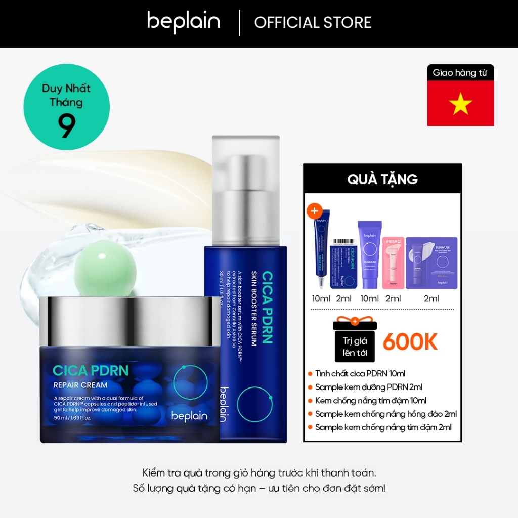 [Beplain Chính Hãng] [Combo độc quyền] Kem dưỡng BEPLAIN PDRN Rau Má đàn hồi & trẻ hóa làn da, cấp ẩm & căng bóng Cica PDRN 50ml & Serum 30ml