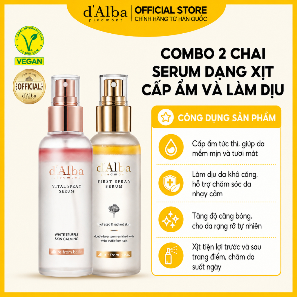 [d'Alba Official] Combo Serum dạng xịt khoáng căng bóng da 100ml  và Serum dạng xịt cấp ẩm và làm dịu Vital Spray Serum 100ml