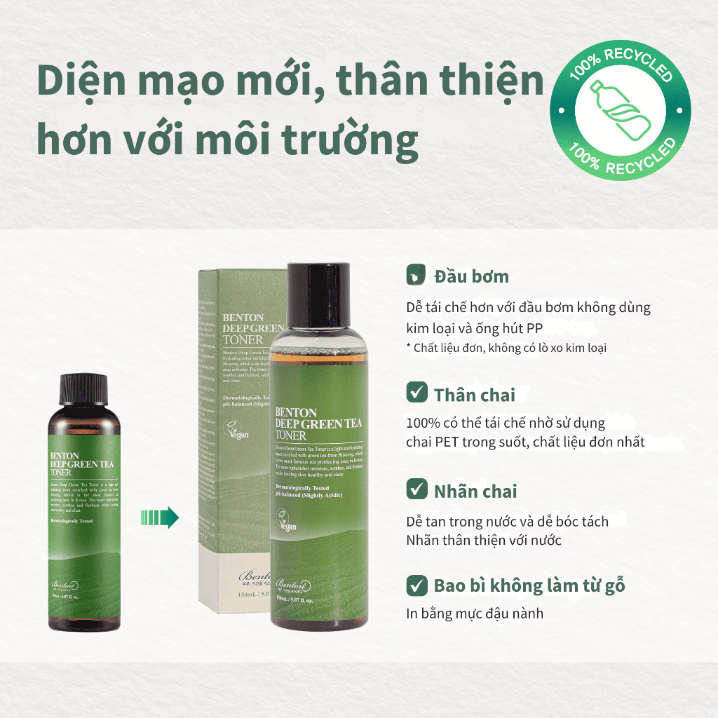 [Benton Official]  Nước hoa hồng trà xanh Deep Green Tea Toner 150ml dành cho da mụn, da dầu và da nhạy cảm – Giúp làm dịu và giảm kích ứng