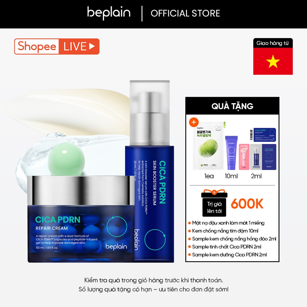 Kem dưỡng BEPLAIN PDRN Rau Má đàn hồi & trẻ hóa làn da, cấp ẩm & căng bóng Cica PDRN 50ml & Serum 30ml