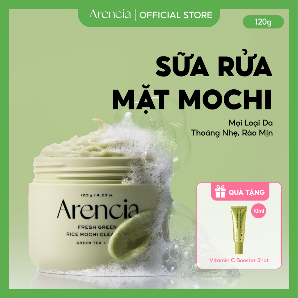 [Arencia] Sữa rửa mặt Mochi gạo xanh tươi 120g | Làm sạch, Cấp ẩm, loại bỏ mụn đầu đen