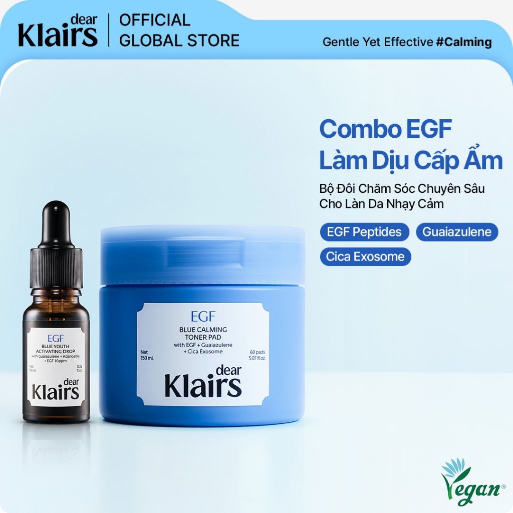 [Dear Klairs] [Combo EGF Dịu Da] Nước Xanh EGF 10ml + Toner Pad Xanh EGF HA  150 mL 60 Miếng