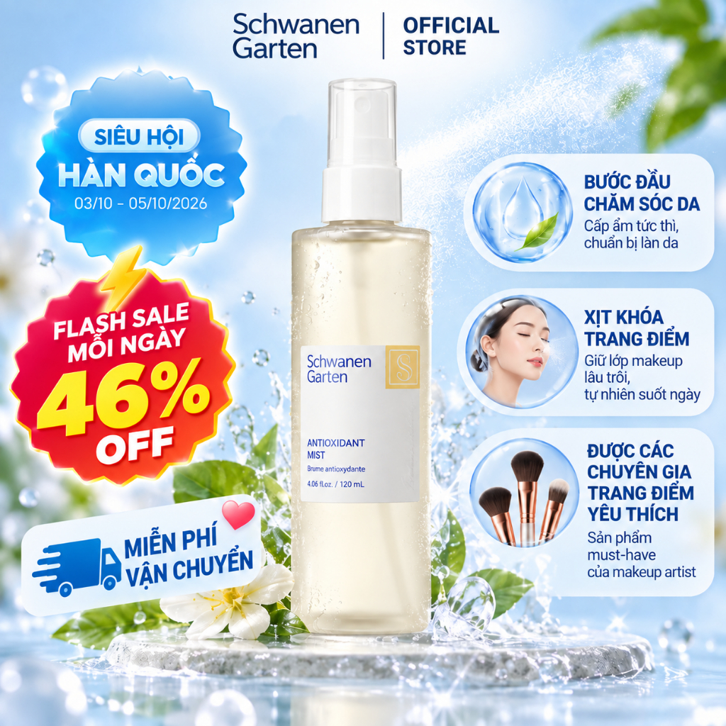 Xịt chống oxy hóa SCHWANEN GARTEN 120ml – Vegan, Soothing, EWG Green Grade, Fine Micro-Spray