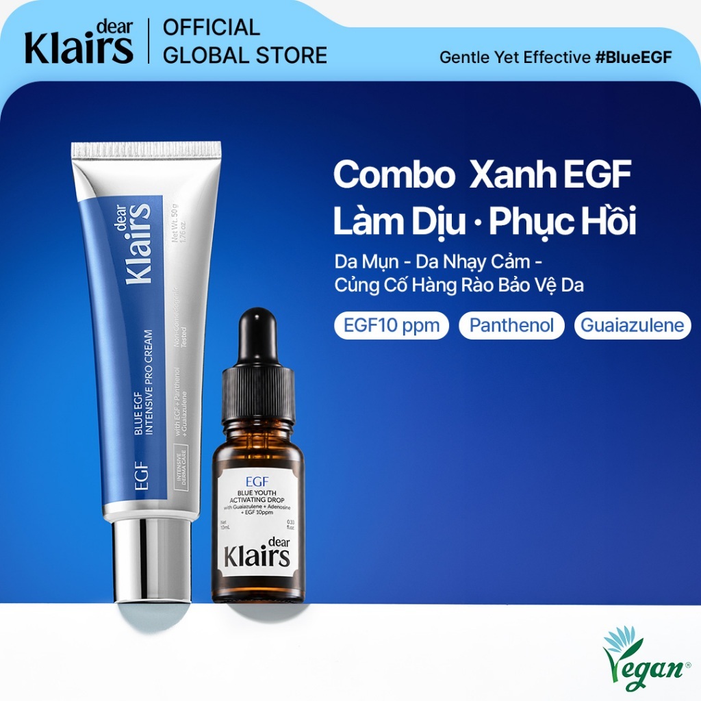[Dear Klairs] Combo Xanh EGF Phục Hồi Da Chuyên Sâu - Nước Xanh EGF 10ml (Blue Drop) + Kem Dưỡng Ẩm EGF 50g