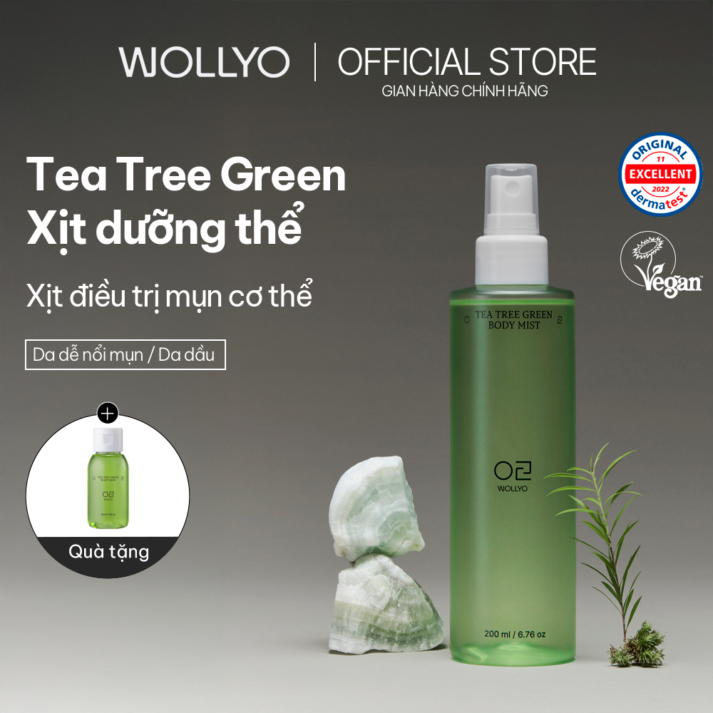 WOLLYO Tea Tree Green Body Mist 200ml | Xịt Toàn Thân Tràm Trà Xanh | Chăm Sóc Da Mụn Cơ Thể | Non-Comedogenic