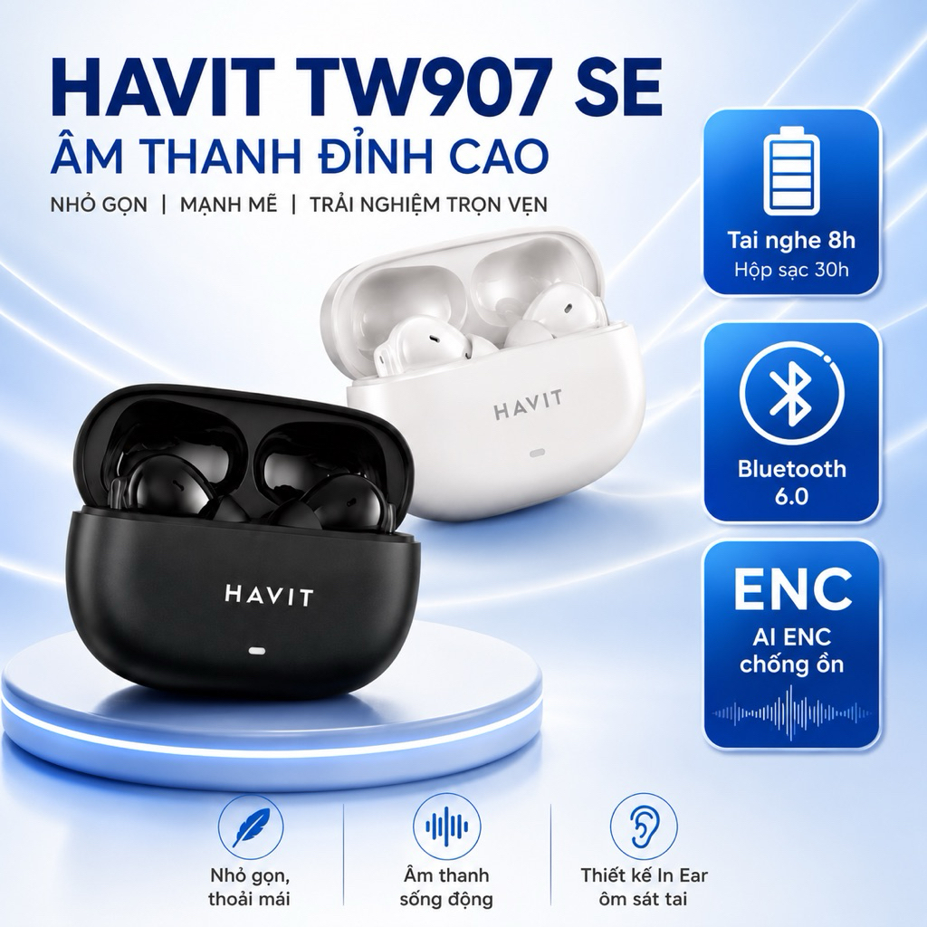 [Mới 100% - Full Box] Tai Nghe Bluetooth HAVIT TW907 SE – Âm Thanh Stereo, Mic Đàm Thoại, Cảm Ứng, Hộp Sạc Gọn Nhẹ