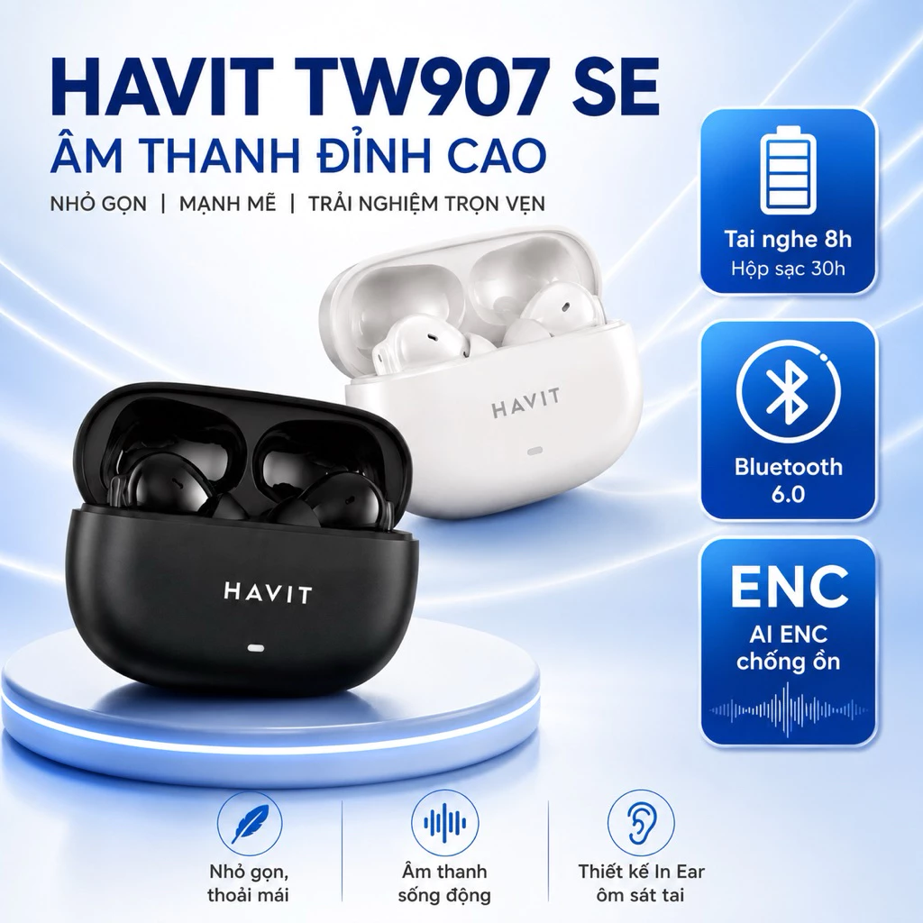Tai nghe Bluetooth HAVIT TW907 SE kèm hộp sạc