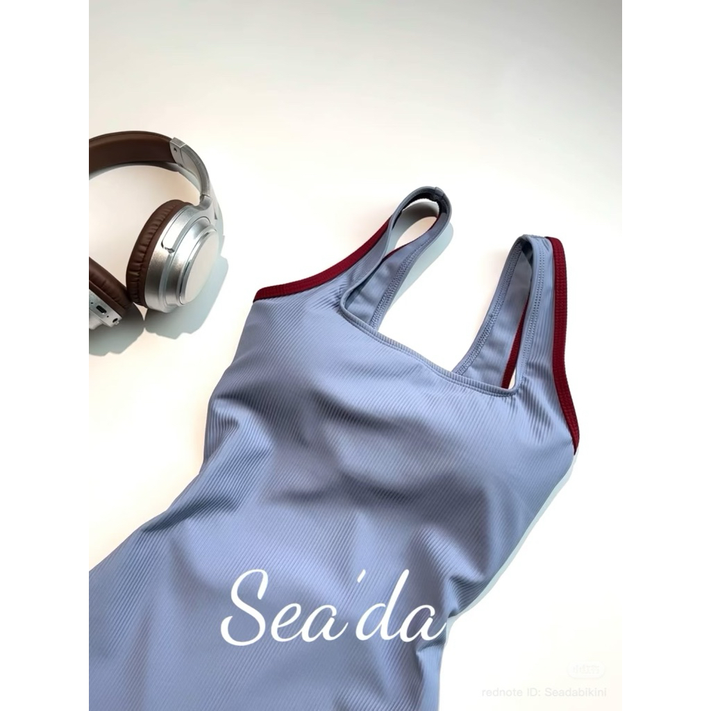 𝓜𝓮𝓲𝓺𝓾𝓲𝔂𝓲🍒 Bodysuit thể thao đi bơi, tắm biển xanh trơn viền đỏ phong cách năng động cho nữ