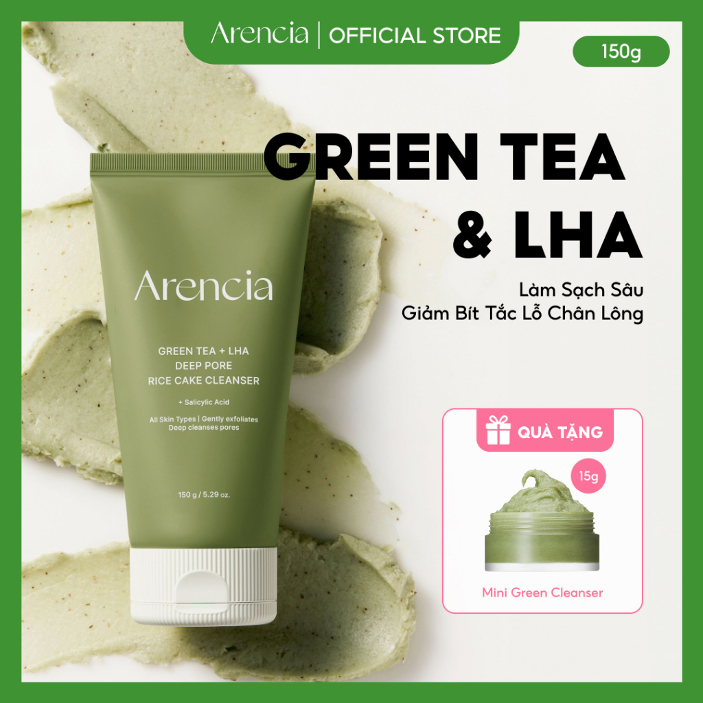 [Arencia] Trà xanh + Sữa rửa bánh gạo lỗ chân lông sâu LHA 150ml