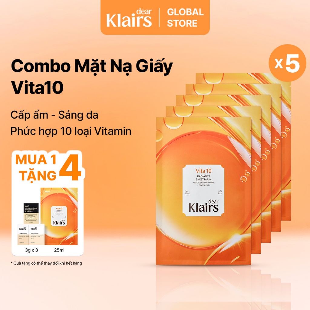 (Klairs Global) Combo 5 Miếng Mặt Nạ Giấy Dear Klairs Vita 10 Radiance Sheet Mask 25ml Làm Sáng Da